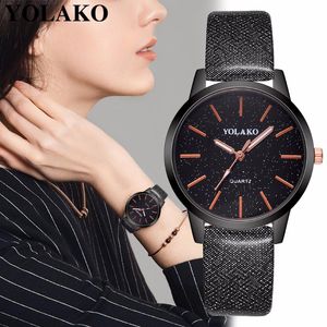Armbanduhren YOLAKO Serie Frauen Uhren Mode Uhr Leuchtende Sternenhimmel Streifen Leder Handgelenk Einfache Kleid Quarzuhr Montre Femme