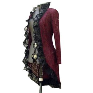 Jacka lång klänning vintage kvinnor medeltida steampunk står krage spets upp cardigan lady höst svart röda casual klänningar