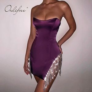 Summer Women Satin Party Off Shoulder Diamond Sexy Bodycon Pencil Dress 210415