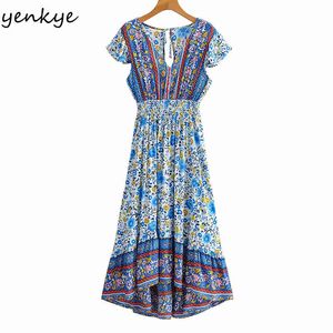 Letnia sukienka Kobiety Vintage Kwiatowy Druku Wakacje Boho Kobieta V Neck Krótki Rękaw Elastyczny Talia Dorywczo Długie 210430