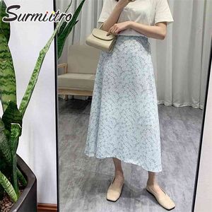 Spring Summer Midi Skirt Women Korean Style Floral Print High Waist Aesthetic Long Female 210421