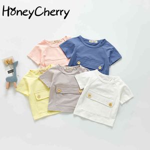 Летние детские хлопчатобумажные футболки с короткими рукавами большие карманные конфеты девушка одежда 210515