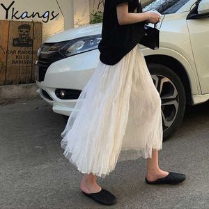 Vintage Tulle Long Pleated Skirt Harajuku Elastic High Waist Maxi Skirts Women Korean Summer White Black Boho Skirts Streetwear 210619