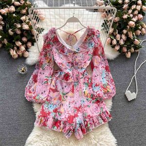 Nadmorskie wakacje kombinezon kobiety moda lato słodki v neck z krótkim rękawem kwiatowy druk szeroko nogami Playsuits S788 210527