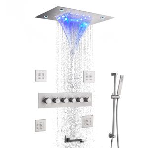 Thermostatisches gebürstetes Regendusch-Wasserhahnsystem, Badezimmer-Mischbatterie-Set, Deckenmontage, 35,6 x 50,8 cm, LED-Wasserfall-Regenduschkopf