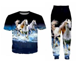 Hurtownie - 2022 New Fashion Casual Animal Horse 3D All Over Print Dress T-Shirt + Joggers Pants Suit Women Men @ 018