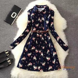 2021 Wiosna Jesień Kobiety Sukienki Z Długim Rękawem Vintage Dress Z Pas Pas Drukuj Kwiatowy Preppy Dress Casual Elegant Femininos Vestidos X0521