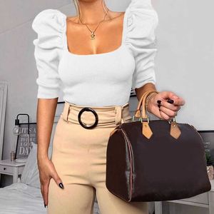 Vintage Spruff Sleeve Mulheres Blusa Pescoço Quadrado Estilo Coreano Tops Elegant Sexy Branco Black Blouse Blusa Slim Mulheres 210527