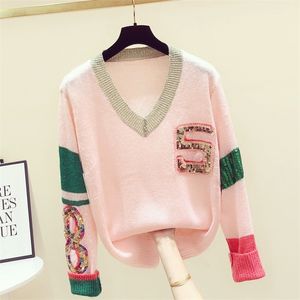 Women V-neck Sweaters Loose Color Matching Sequins Beaded Long-Sleeved Pullover Women's Tops Blouses 210922