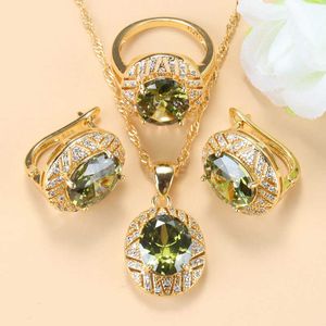 2021 New Design Morrocan Jewelry Sets Women Wedding Accessories Olive Green Semi-Precious Stones Gold-Color Bridal Set H1022