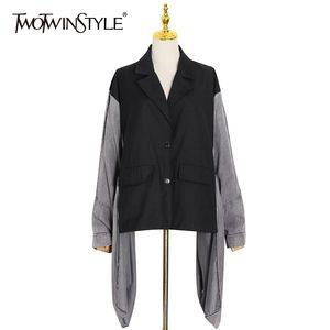 Twotwinstyle Loose Patchwork Dżinsowa Kurtka Dla Kobiet Lapel Batwing Rękaw Dorywczo Kurtki Kobiet Mody Odzież 210517