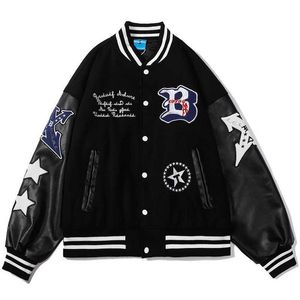 Hip Hop Baseball Jacket Coat Men Letter B Embroidery Leather Sleeve Varsity Bomber Biker Punk Vintage Fashion College Jacket 211013