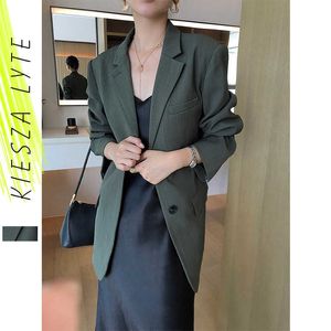 Kvinnor mörkgrön blazer lös kostym vintage casual blazers våren höst kontor dam jacka coat femel 210608