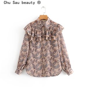 Chu Sau Beauty Moda Blogger Estilo Impresso Blusas Mulheres Boho babados Single Breasted Camisas Femininas Camisa de Moda 210508