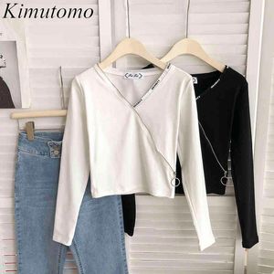 Kimutomo Chic Letter Print Långärmad T-shirt Kvinnor Cross V-Neck Chain Short Top Spring Korea Style Outwear Fashion 210521