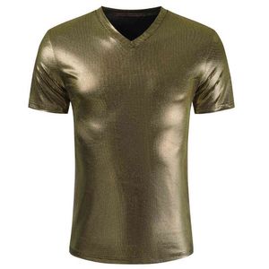 Gold Coated Metallic T Shirt Men Shinny Casual V-Neck Mens T-Shirt Night Club T Shirts Hip Hop Tops Solid Harajuku Streetwear 210524