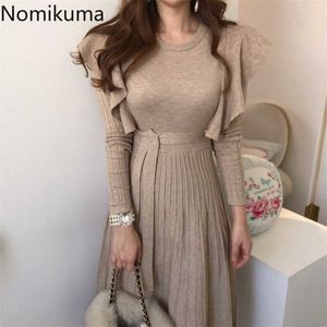 Nomikuma Fashion Sweater Dres Ruffles Slim Waist Long Sleeve A Line Pleated Dresses Winter Clothes Robe Mujer 3c952 211110