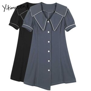 Yitimuceng Button Vestido Vintage Mulheres Solta Sólida Verão Sailor Collar Único Breasted Short Manga De Manga Curta Brocade Senhora De Escritório 210601