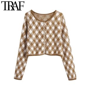 Traf Women Fashion Argyle Cropped Cripted Cardigan Seater Vintage Lengeheve Button-Up Memale Outerwear Chic Tops 210415