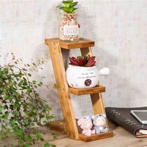 Natural 3-Tier Layers Bamboo Plant Pot Trolley Square Stand Succulent Cactus Flower Plant Pots Planter Holder 210401