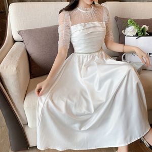 Lato Damskie Slocked Tullles Dot Patchwork Ivory Poplin Kobieta Rękaw Puff Sukienka Wakacyjna Elegancka Party Midi Dress 210416