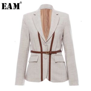 [EAM] Frauen Split Pu Leder Kurze Kurze Blazer Revers Lange Hülse Lose Fit Jacke Mode Frühling Herbst 1K458 210930