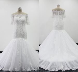 2021 Perlen Plus Size Brautkleid Meerjungfrau mit halben Ärmeln Spitze Applikation Trompete Brautkleider für die Braut Damen schulterfrei langer Zug