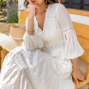 Sommar boho kvinnor maxi party lös sexig vit spets lång tunika strand klänning 210415