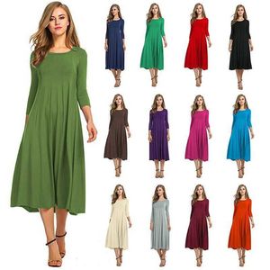 Three Quarter Sleeve Dresses For Women Casual Autumn Pleated Midi Elegant O neck Party Femme Robe 2020Plus Size Girl dress X0529