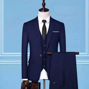 New Korean slimming three-piece suit in solid color with one grain button. Fashion casual business. Men's suit X0909