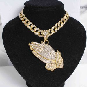 New Arrival Big Prayer Hands Pendant With 15mm 18 Full Iced Out Miami Cuban Choker Chain Necklace Men Hip Hop Jewelry Gift X0509