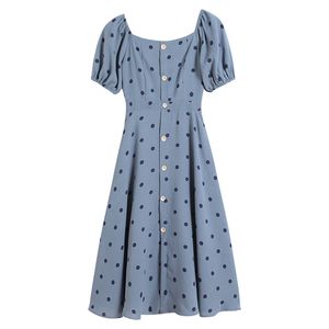 Kobiety Blue Biały Polka Dot Puff Krótki Rękaw Przycisk Dopasowanie i Flare Długość Kolana Vintage Letnia Elegancka Dress D1070 210514