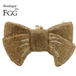 Boutique De FGG Novelty Women Bow Clutch Crystal Evening Bags Hard Case Metal Minaudiere Rhinestone Handbags Wedding Party Purse