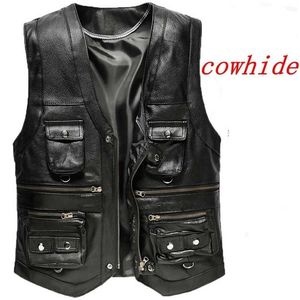 Cowhide Genuine Couro Colete Men Brown Waistcoat masculino sem mangas jaqueta grossa motocicleta plus size colete multi bolso zipper 211119