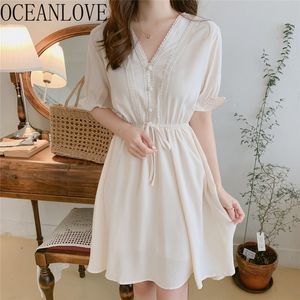 Coreano Sólido Chique Vestido Mulheres Mori Grils Elegante V Pescoço Vestidos Cintura Alta Primavera Vestidos de Verão 16033 210415