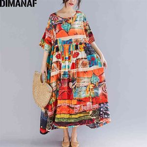Dimanaf Plus Размер женщины печати платье лето сарафан хлопок женская леди Vestidos свободно случайный праздник макси платье большого размера 5xL 6xL 210331