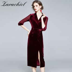 Spring Autumn Velvet Women Vintage Double-Breasted Notched Lace-up Sashes Dress Plus Size Sexy Split Long Party Dresses 210416