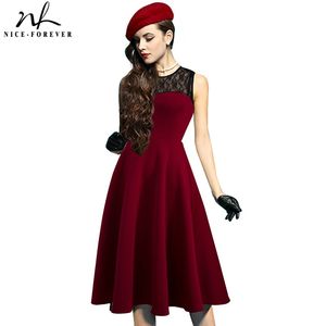 Nice-forever Summer Women Retro Elegant Lace Patchwork Sun Dresses Cocktail Party Flare Swing A-line Dress btyA008 210419