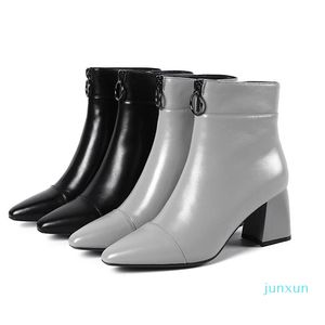 Wholesale-Boots Isnom High Heelsの女性足首尖ったつま先ジッパー履物純正レザー女性ブートファッションシューズ女性