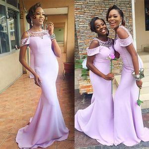 Brudtärna klänningar lavendel afrikanska flickor sexiga sjöjungfru ren nackmössa ärm lång hembiträde klänningar bröllop gäst kväll promen