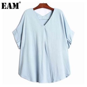 [Eam] Kvinnor Stor Storlek Solid Färg Bat Ärm Fashion T-shirt V-Neck Kortärmad Mode Vår Sommar 1DD6851 210512