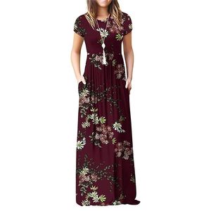 Gule Krótki rękaw Letnie Plisowane Imperium Talii Okrągły Neck Floral Maxi Długie kieszenie Dress 210623