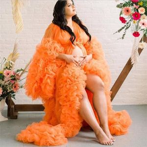 A Line Orange Prom Dresses with Ruffles Maternity Robes for Photo Shoot Elegant Plus Size Evening Gowns