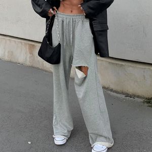 Fashion High waist sweat pants women Autumn and Winter Hole Mopping Casual Pants Sports Wide Leg 4 Colors 210514