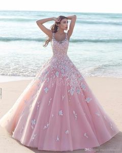 Dubaï arabe princesse D floral floral rose a ligne robes de mariée applique tulle scoop pure colle sans manches dentelle robe de mariée long