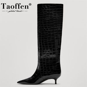 Taoffen Women Knee High Boots Real Leather Pointed Toe Winter Shoes Fashion Sexy Party Footwear Size 35-42 211105