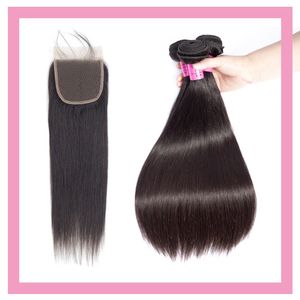 Indian Raw Virgin Human Hair Extensions 5*5 Lace Closure With 3 Bundles Silky Straight 4PCS 5X5 Closure + Three Bundles Natural Color