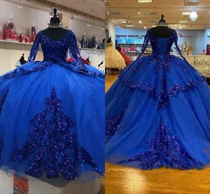 2022 Bling Royal Blue Quinceanera Abiti a maniche lunghe con paillettes in pizzo Tulle con perline Sweetheart Ball Gowns Puffy Sweet 16 Prom Dress