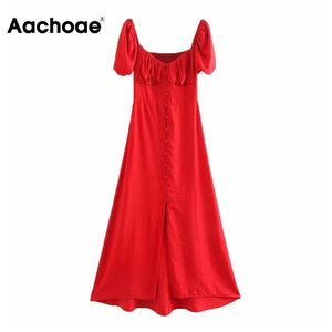 아아샤 롱 스플릿 섹시한 빨간 드레스 여성 퍼프 짧은 소매 파티 드레스 V 목 라인 달콤한 미디 드레스 버튼 Femme 210413