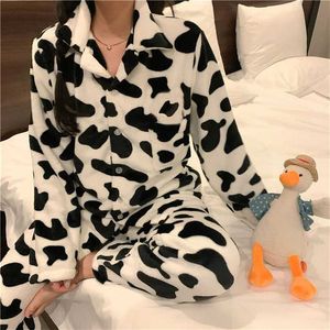 QWEEK Velvet Cow Print Pajama Woman Winter Warm Two Piece Set Sleepwear Pyjama Pour Femme Lounge Wear Trouser Suits Thicken 211112
